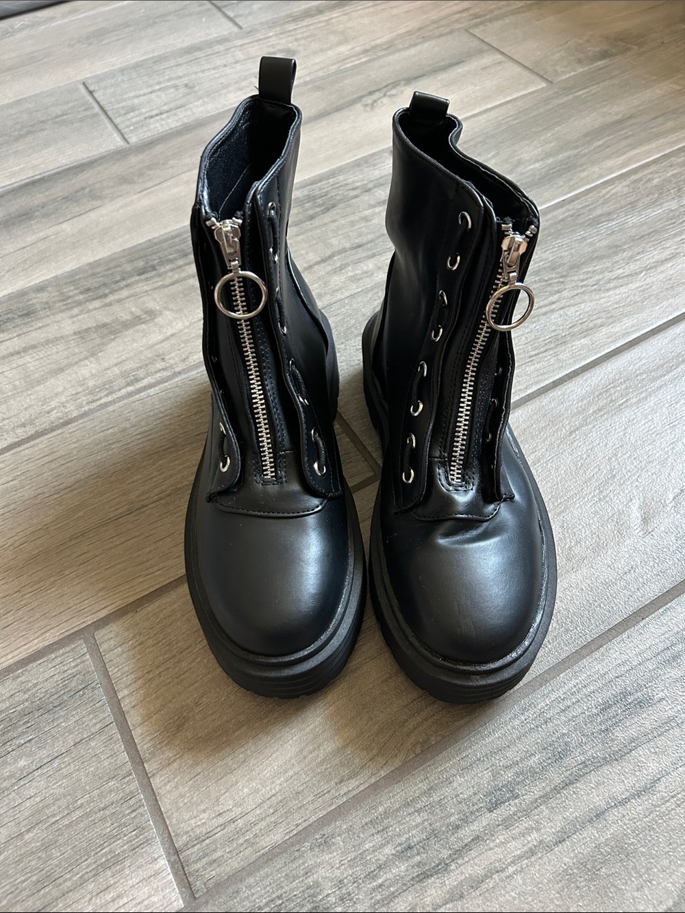 PrettyLittleThing Black Zip-Front Platform Combat Boots